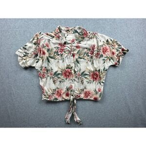 American Eagle Tropical Floral Tie Front Crop Button Down Shirt Cream Pink Large
